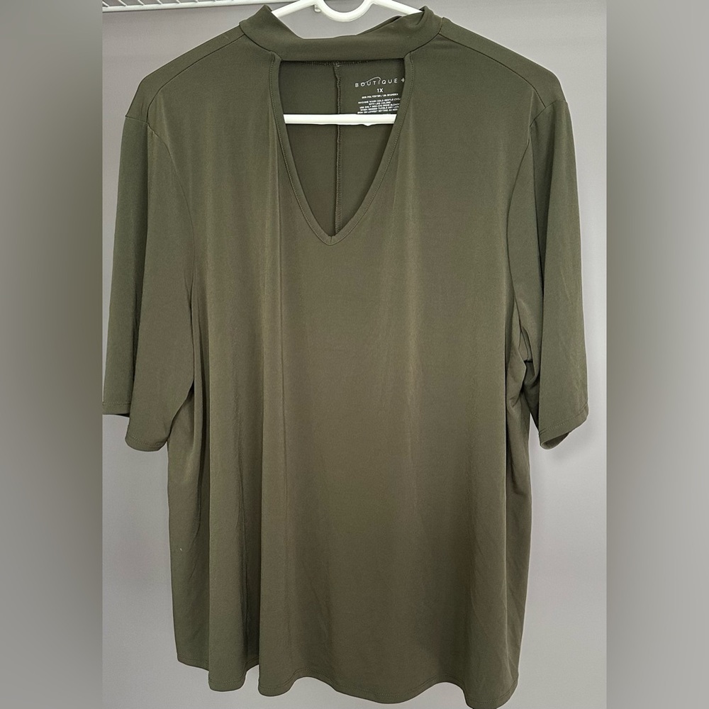Olive Green V-Neck Mock Collar Blouse